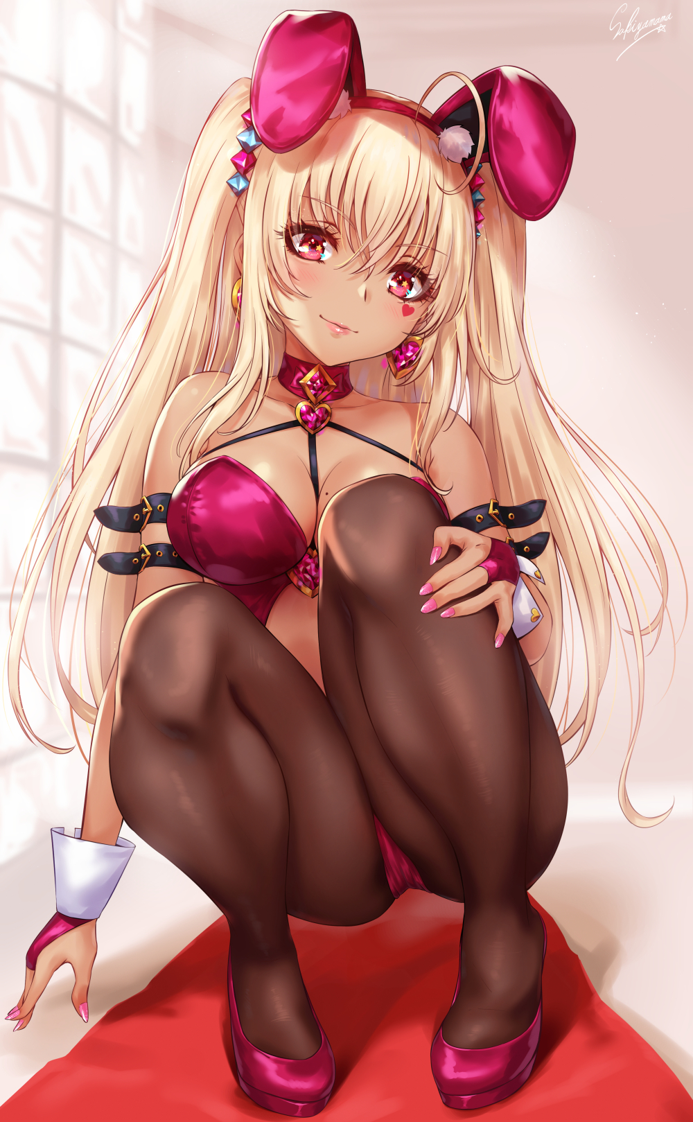 1girl animal_ears arm_strap bare_shoulders blonde_hair blush breasts bridal_gauntlets brown_pantyhose closed_mouth collarbone commentary_request earrings fake_animal_ears full_body hairband heart heart_earrings highres jewelry large_breasts leotard lips long_hair looking_at_viewer mole mole_on_breast nail_polish original pantyhose pink_nails playboy_bunny rabbit_ears red_eyes red_footwear red_hairband red_leotard sakiyamama signature smile solo squatting thighs