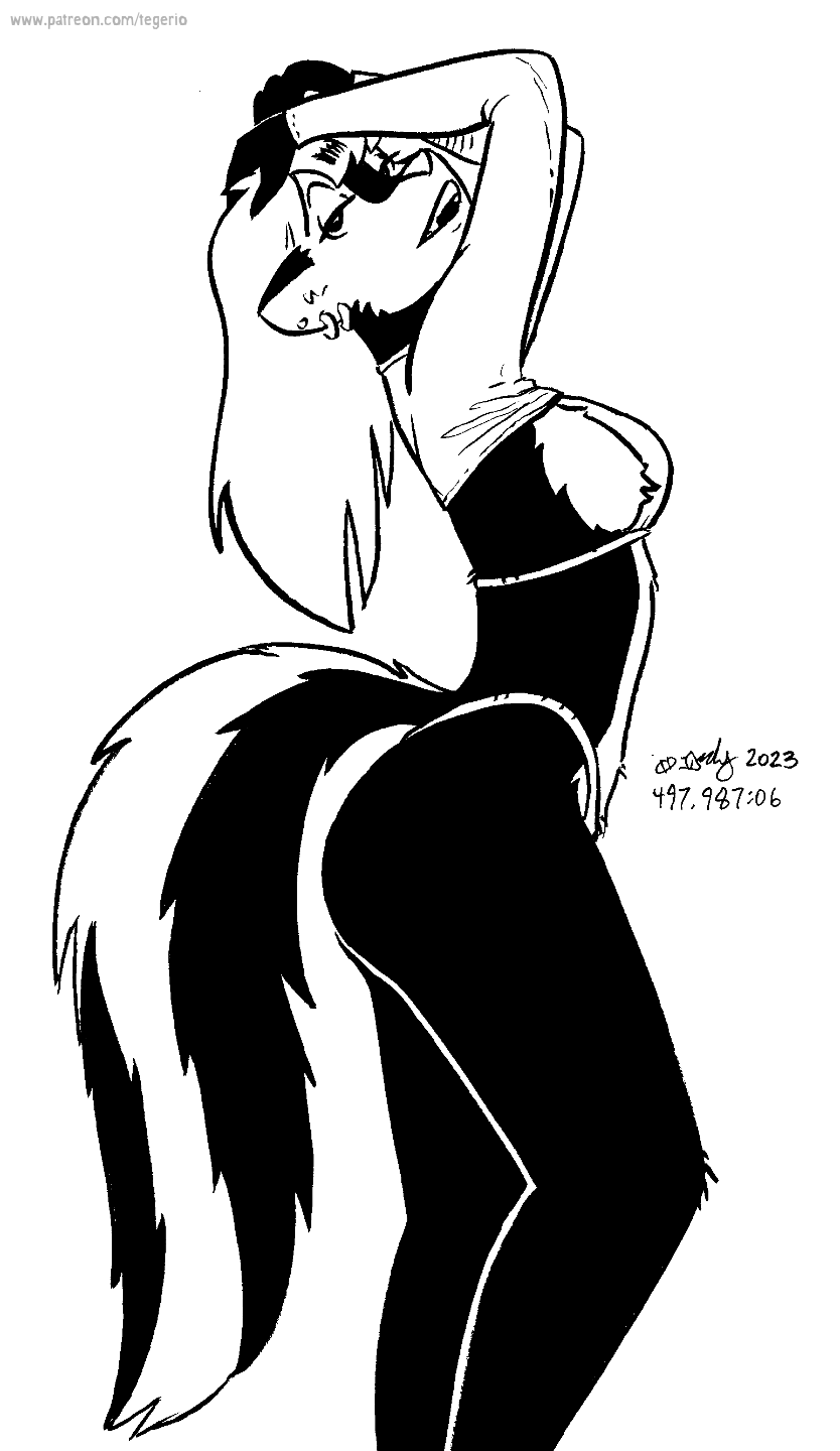 2023 anthro bedroom_eyes black_and_white breasts clothed clothing female fur hair hi_res kelly_o'dor looking_at_viewer mammal mephitid monochrome narrowed_eyes pinup pose seductive side_boob side_view skunk solo striped_skunk swimwear tail teeth tegerio whiskers zandar's_saga