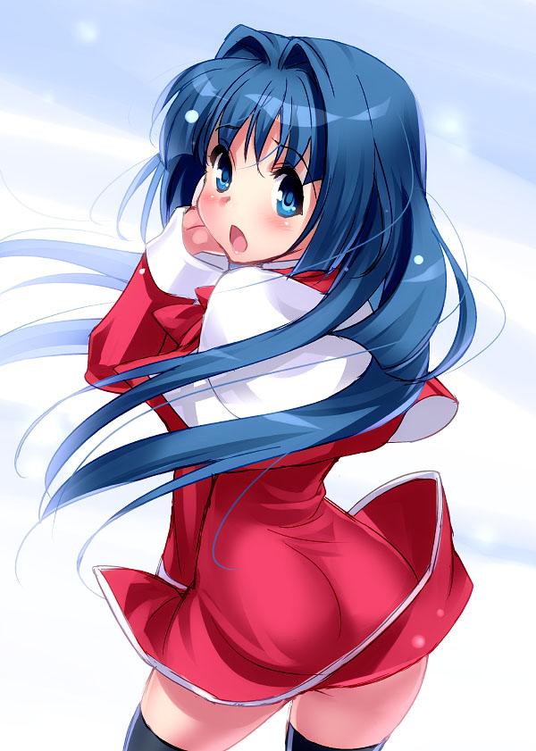 1girl black_thighhighs blue_eyes blue_hair blush capelet clothes_lift commentary_request cowboy_shot dress eyelashes eyes_visible_through_hair floating_clothes floating_hair from_behind hair_between_eyes hair_intakes hand_up kanon light_blue_background long_hair looking_at_viewer looking_back minase_nayuki one-hour_drawing_challenge open_mouth outdoors red_dress school_uniform short_dress shy simple_background skirt skirt_lift snowing solo standing straight_hair thighhighs very_long_hair white_capelet wind wind_lift winter zen_(kamuro) zettai_ryouiki
