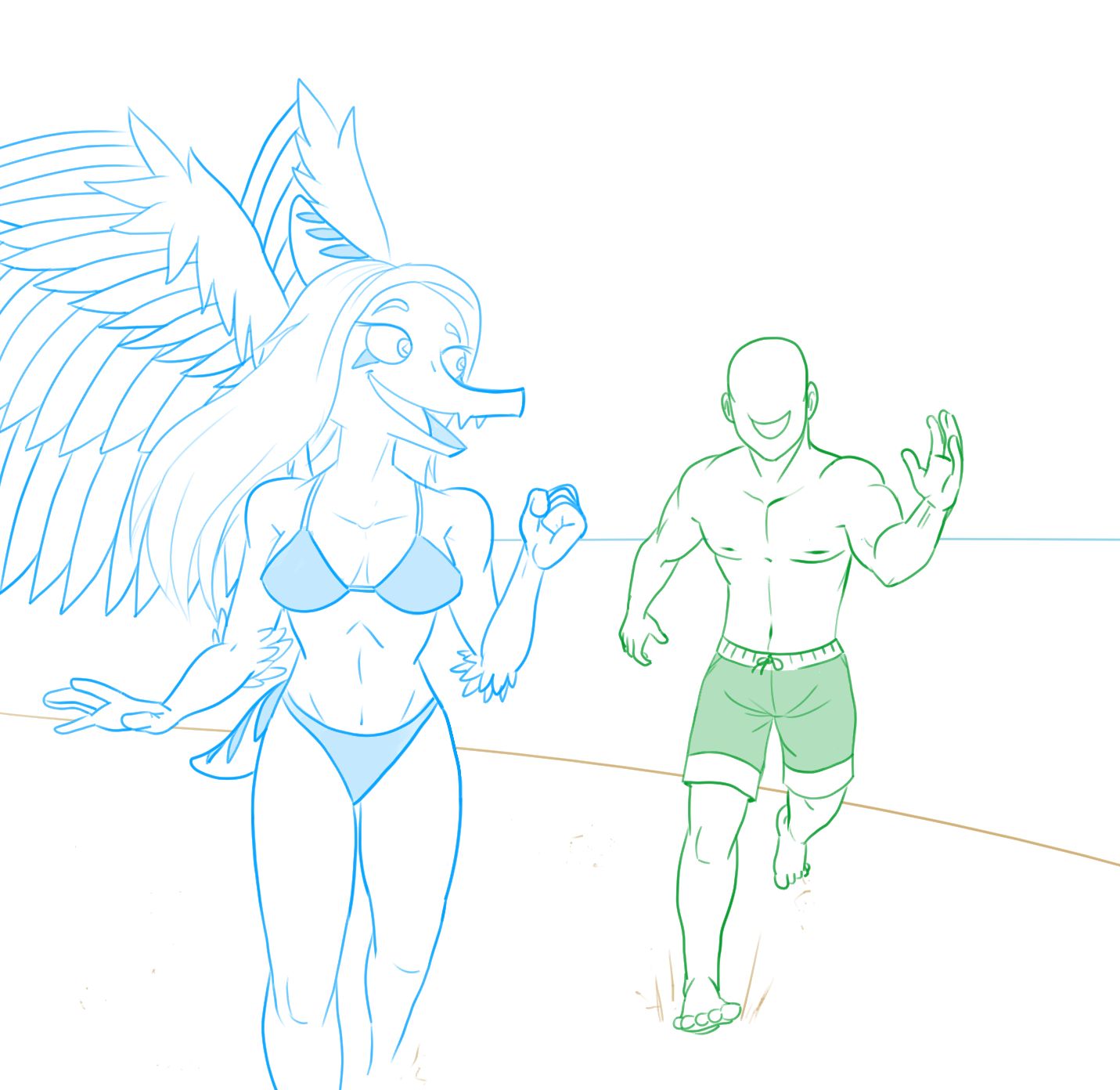 5_fingers anon_(snoot_game) anthro arm_feathers bald bikini bikini_bottom bikini_top blue_and_white bone_frill bottomwear breasts cleavage clothed clothing duo elbow_feathers faceless_character faceless_human faceless_male fang_(gvh) feathered_wings feathers female female_anthro fingers fist frill_(anatomy) goodbye_volcano_high green_and_white hair hi_res human line_art long_hair male mammal monochrome open_mouth open_smile protonmono pterodactylus pterosaur reptile scalie short_tail shorts simple_background smile snoot_game snout swimwear tail topless topless_human topless_male wings