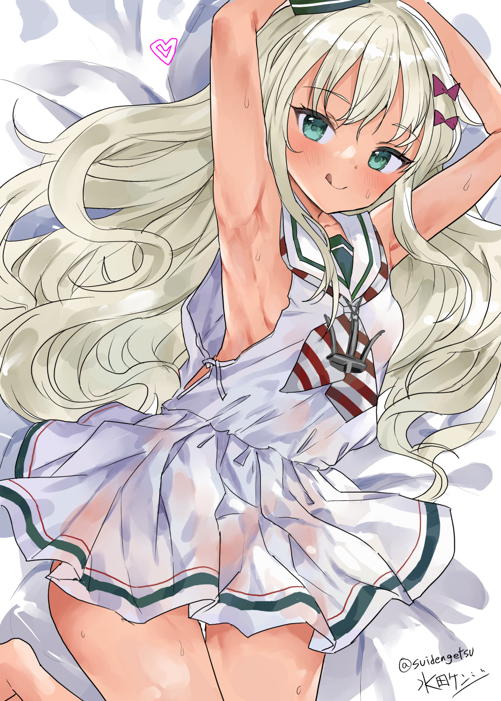 1girl armpits artist_name bed_sheet blush bow dress grecale_(kancolle) hair_bow heart highres kantai_collection looking_at_viewer mizuta_kenji neckerchief one-hour_drawing_challenge pink_bow sailor_collar sailor_dress signature sleeveless sleeveless_dress solo tongue tongue_out twitter_username white_dress white_sailor_collar