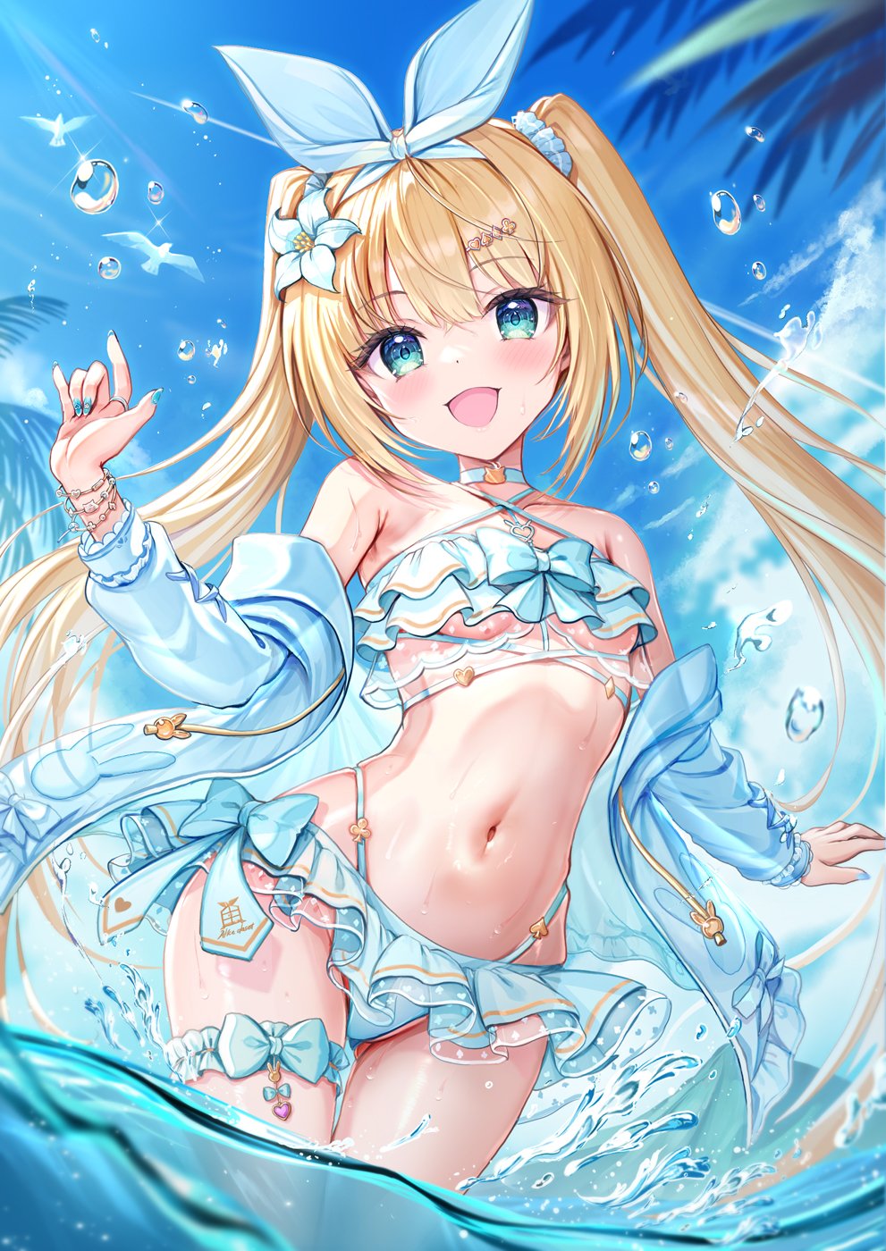 1girl :d akabane_(zebrasmise) bikini blonde_hair blue_bikini blue_eyes blue_sky breasts cloud commentary_request day english_commentary frilled_bikini frills hairband highres long_hair looking_at_viewer mononobe_alice navel outdoors partially_submerged sky small_breasts smile solo stomach swimsuit twintails virtual_youtuber wet white_hairband