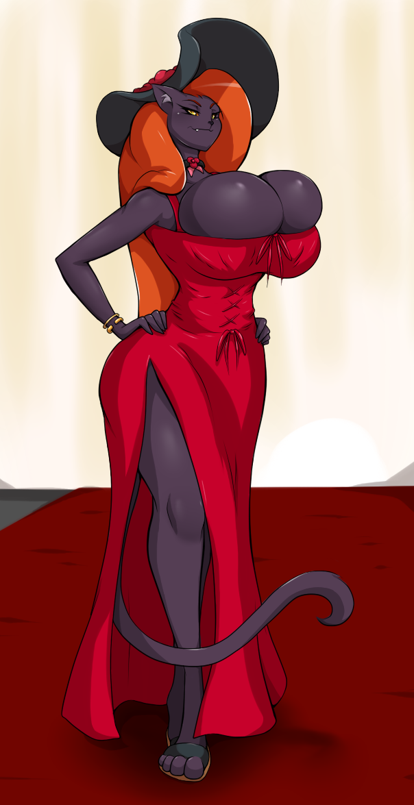 anthro big_breasts black_body breasts cleavage clothed clothing dress felid female hair hat headgear headwear huge_breasts jludragoon mammal orange_hair pantherine red_clothing red_dress rosetta_(jludragoon) solo