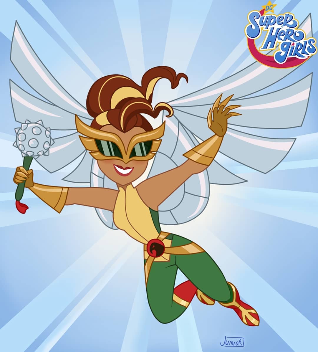 1girl belt blue_background boots brown_hair dc_comics dc_super_hero_girls egitojuniior eyes_visible_through_eyewear full_body gloves gold_armor green_pants hawkgirl holding holding_weapon mace metal_wings official_style pants ponytail red_footwear signature smile solo spike_ball spiked_mace spikes sunglasses superhero teeth weapon wings