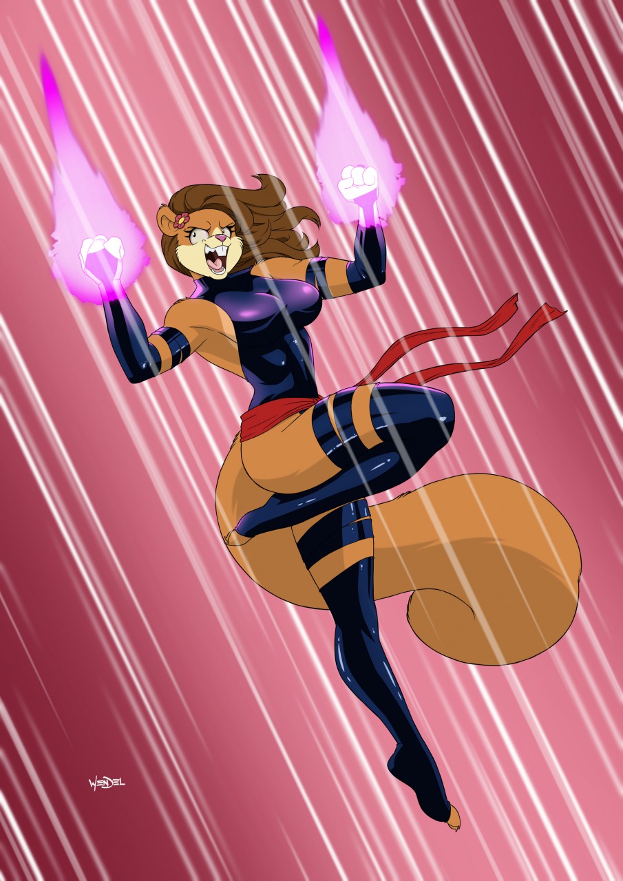 anthro big_breasts breasts brown_body brown_fur brown_hair buckteeth clothing cosplay drawing-4ever female fluffy fluffy_tail fur hair hi_res legwear leotard magic mammal marvel nickelodeon psychic_powers psylocke rodent sandy_cheeks sciurid simple_background solo spongebob_squarepants tail teeth thigh_highs tree_squirrel x-men