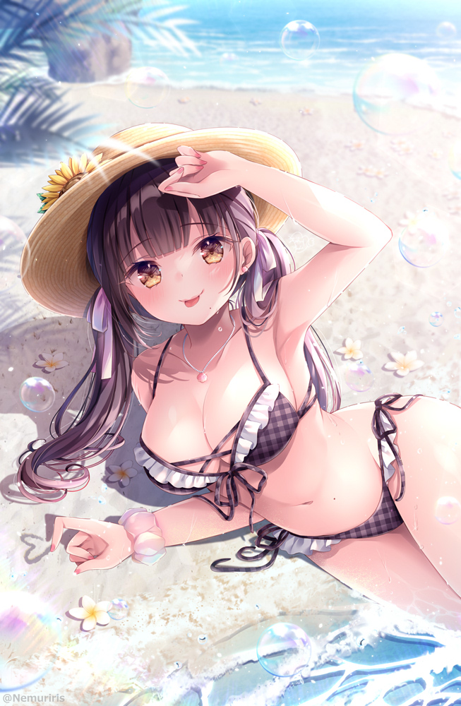 1girl arm_up armpits bare_arms bare_shoulders bikini brown_eyes brown_hair brown_headwear bubble commentary_request day flower frilled_bikini frills hat hat_flower long_hair looking_at_viewer nail_polish navel nemuri_nemu original outdoors pink_nails plaid plaid_bikini sand side-tie_bikini_bottom solo sun_hat swimsuit twintails very_long_hair water white_flower yellow_flower