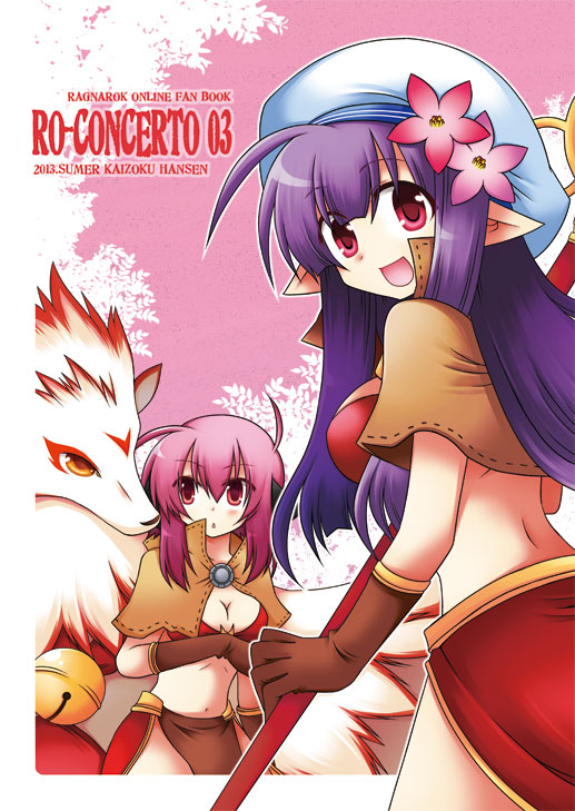 2girls :d ahoge bikini bikini_top_only blush breasts brown_capelet brown_gloves brown_skirt capelet cleavage commentary_request cover cover_page cowboy_shot doujin_cover flower fox gloves hair_between_eyes hat hat_flower holding holding_staff large_breasts long_hair looking_at_viewer looking_back mage_(ragnarok_online) medium_bangs medium_hair midriff multiple_girls navel open_mouth pelvic_curtain pink_eyes pink_flower pink_hair pointy_ears purple_eyes ragnarok_online red_bikini red_flower showgirl_skirt sidelocks skirt smile souma_mizuki staff swimsuit tam_(ragnarok_online) white_headwear