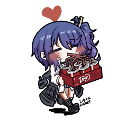 1girl =_= artist_name black_footwear blue_hair blush box brand_name_imitation chibi clip_studio_paint_(medium) closed_eyes clothes_around_waist clothes_pin coat commentary_request dated dr_pepper drink drinking drinking_straw drinking_straw_in_mouth girls'_frontline grey_coat hair_between_eyes hair_ornament heart holding holding_box jacket jacket_around_waist k11_(girls'_frontline) korean_commentary lab_coat long_hair lowres madcore off_shoulder shoes side_ponytail simple_background solo walking white_background