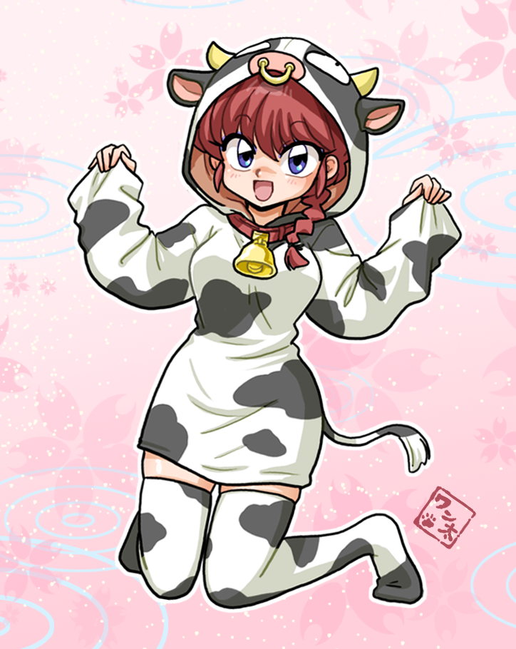 1girl animal_costume animal_ears belt blue_eyes breasts cow_costume cow_ears cow_horns cow_tail hair_between_eyes horns open_mouth pink_background ranma-chan ranma_1/2 red_hair simple_background solo tail wanta_(futoshi)
