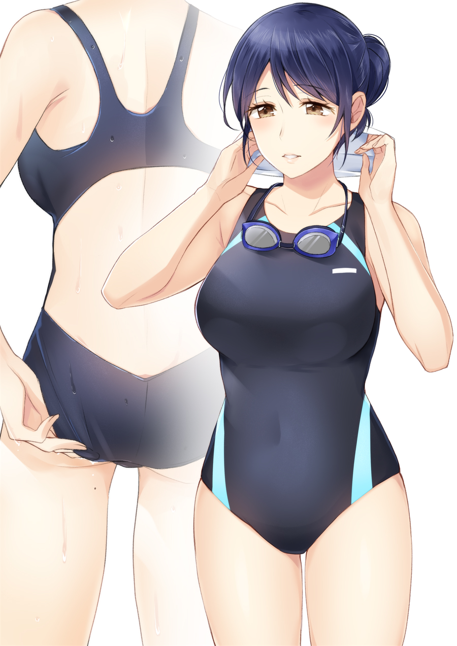 1girl adjusting_clothes adjusting_swimsuit ass blue_hair blue_one-piece_swimsuit brown_eyes commentary_request competition_swimsuit covered_navel from_behind goggles goggles_around_neck goggles_removed highres mole mole_on_thigh mono_lith one-piece_swimsuit original parted_lips swim_cap swim_cap_removed swimsuit thighs wet white_background
