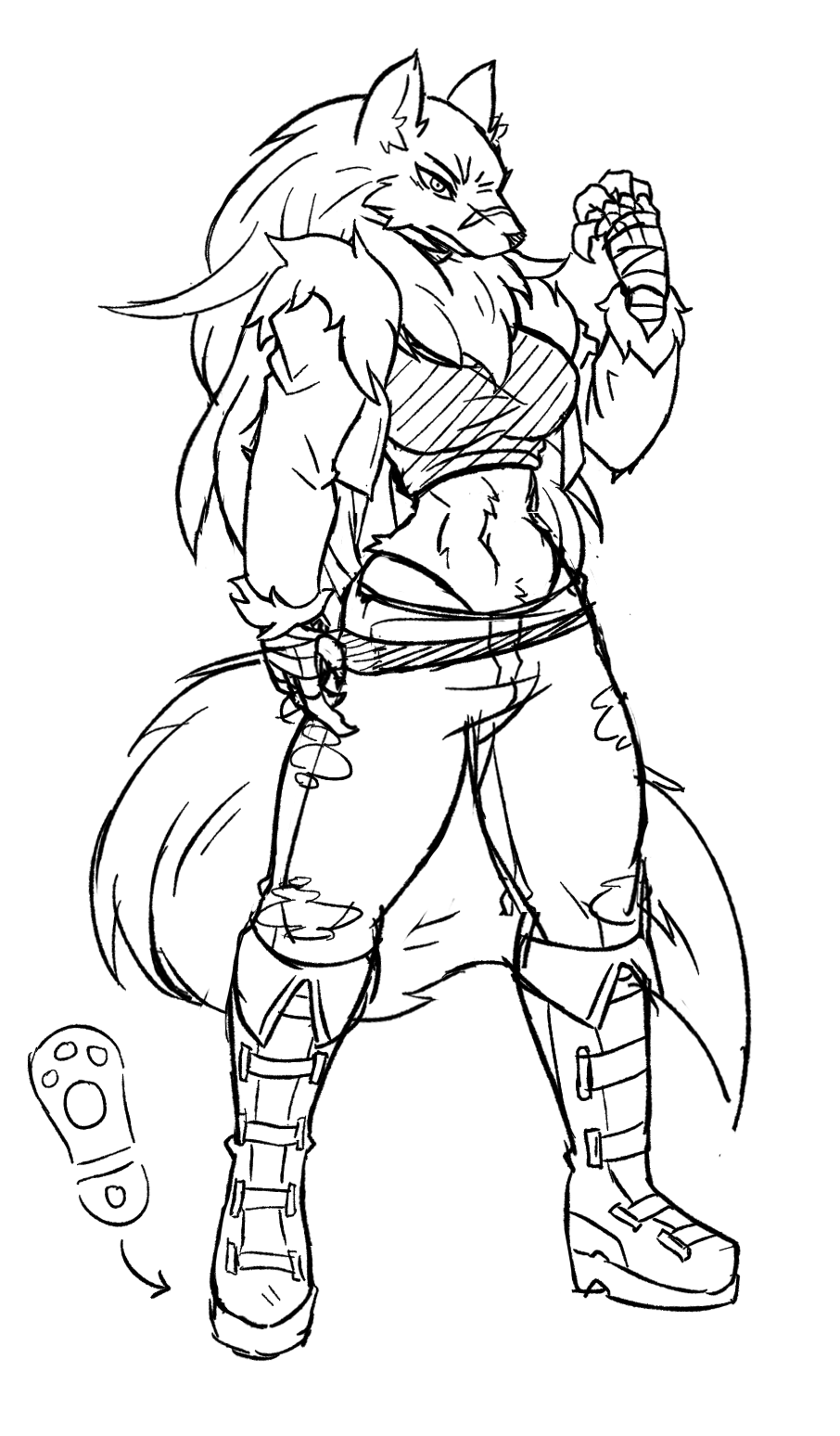 abs anthro boots bottomwear breasts canid canine canis claws clothing female footwear hi_res jacket mammal pants rakkuguy scar shirt sketch solo string_panties topwear velvela wolf