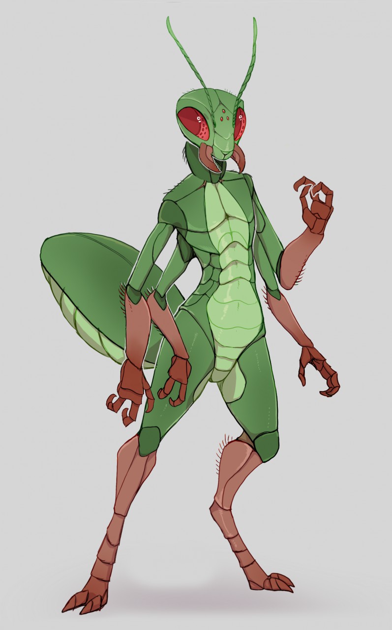 2020 2_toes 3_fingers 4_arms ambiguous_gender antennae_(anatomy) anthro arthropod bluekiwi101 digital_media_(artwork) digitigrade feet fingers green_body grey_background hi_res humanoid_hands insect mantis multi_arm multi_limb nude red_eyes simple_background solo toes