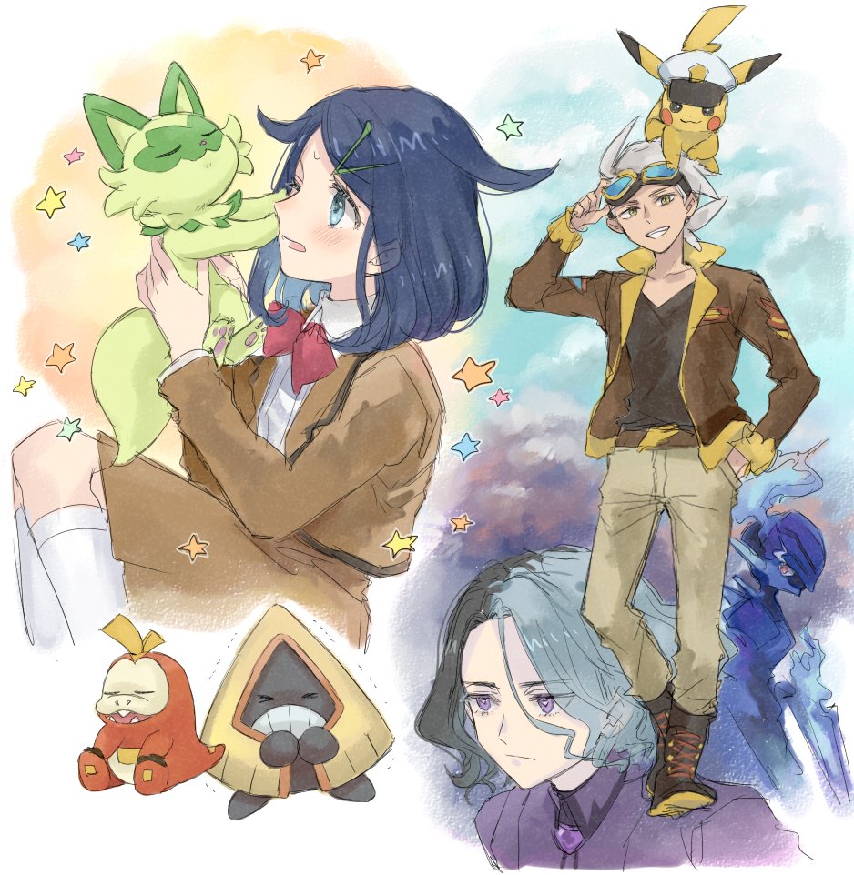 1girl 2boys amethio_(pokemon) animal belt black_footwear black_hair black_shirt blue_eyes blue_hair blush boots bow bowtie brown_belt brown_jacket brown_skirt cat ceruledge closed_mouth collared_shirt cross-laced_footwear dark_blue_hair ears_visible_through_hair eyes_visible_through_hair friede_(pokemon) frown fuecoco goggles goggles_on_head grey_hair grin hair_ornament hairclip hani_(udauda) holding holding_animal holding_cat holding_pokemon indigo_academy_uniform jacket kneehighs lace-up_boots liko_(pokemon) long_sleeves medium_hair multicolored_hair multiple_boys on_head one_eye_closed open_clothes open_jacket pants pikachu pink_bow pink_bowtie pokemon pokemon_(anime) pokemon_(creature) pokemon_horizons pokemon_on_head purple_eyes school_uniform shirt skirt smile snorunt socks split-color_hair sprigatito star_(symbol) v-neck white_shirt white_socks yellow_eyes