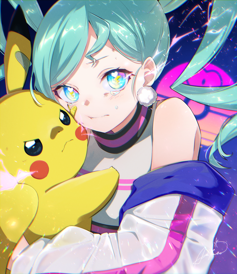 1girl aka_tonbo_(lililil) aqua_hair bare_shoulders black_eyes blue_eyes blush closed_mouth creature earrings electricity hatsune_miku holding holding_creature jacket jewelry lightning_bolt-shaped_pupils long_hair long_sleeves looking_at_viewer open_clothes open_jacket pikachu pokemon pokemon_(creature) pom_pom_(clothes) pom_pom_earrings project_voltage shirt signature solo swept_bangs tearing_up tears twintails vocaloid white_jacket white_shirt