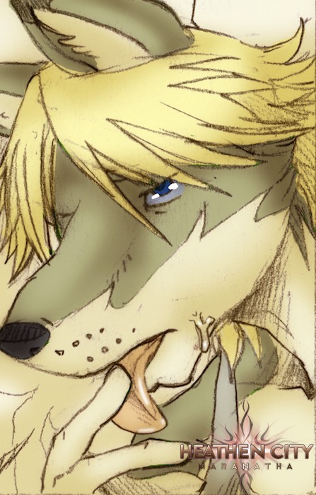 anthro ayato black_nose blonde_hair blue_eyes blue_sclera brown_body brown_fur canid canine canis clothing finger_fetish finger_lick finger_play fingers fur grey_clothing grey_shirt grey_tank_top grey_topwear hair heathen_city licking male mammal owen_zelazny shirt solo tan_body tan_fur tank_top tongue tongue_out topwear wolf