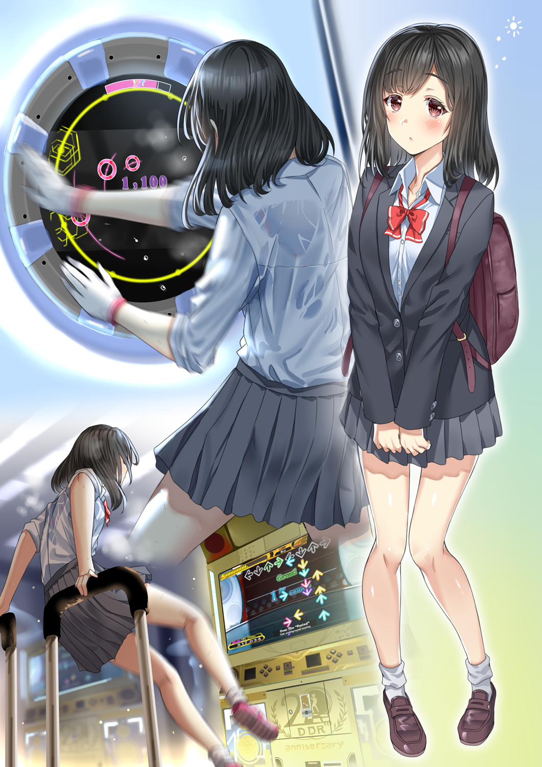 1girl aldehyde arcade arcade_cabinet arrow_(symbol) back backpack bag black_hair bow bowtie breath brown_eyes commentary_request dance_dance_revolution dripping flying_sweatdrops gameplay_mechanics gloves highres knees_together_feet_apart loafers looking_at_viewer maimai_(game) medium_hair miniskirt motion_blur multiple_views original playing_games pleated_skirt revision school_uniform see-through shirt shoes skirt sleeves_rolled_up socks sweat sweaty_clothes wacca wet wet_clothes wet_shirt white_gloves white_socks