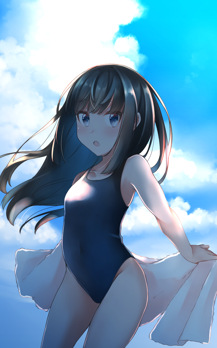 1girl asashio_(kancolle) black_hair blue_eyes blue_sky cloud cloudy_sky comah cowboy_shot day highres kantai_collection long_hair looking_at_viewer new_school_swimsuit open_mouth outdoors school_swimsuit sky solo swimsuit towel