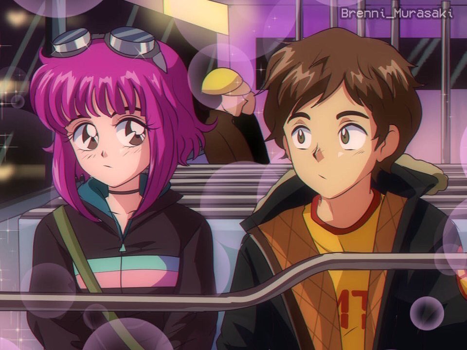 1boy 1girl baseball_cap brenni_murasaki brown_eyes brown_hair choker closed_mouth goggles goggles_on_head hat jacket pink_hair ramona_v_flowers scott_pilgrim scott_w_pilgrim shirt short_hair sidelocks sitting upper_body yellow_headwear yellow_shirt