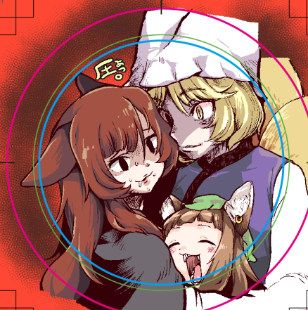 3girls animal_ears blonde_hair brown_hair cat_ears cat_girl chen earrings extra_tails fox_ears fox_girl fox_tail hat imaizumi_kagerou jewelry long_hair long_sleeves lowres mob_cap multiple_girls raino tail touhou wolf_ears wolf_girl yakumo_ran yellow_eyes