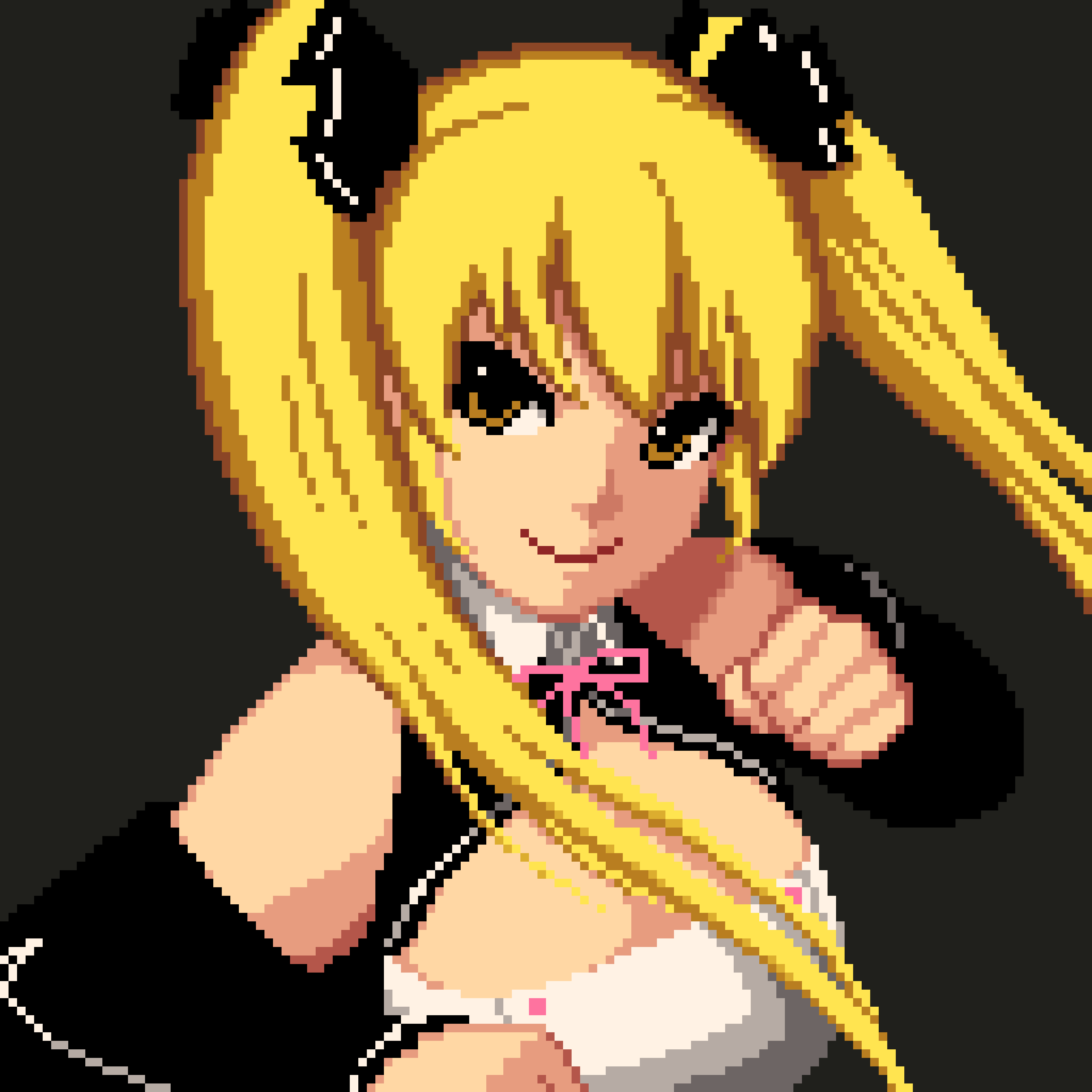 1girl absurdres black_ribbon black_sleeves blonde_hair breasts brown_eyes cleavage closed_mouth detached_sleeves dream_c_club dream_c_club_(series) grey_background hair_between_eyes hair_ribbon highres large_breasts long_hair mian_(dream_c_club) pepe_dcc pink_ribbon pixel_art ribbon smile solo twintails upper_body