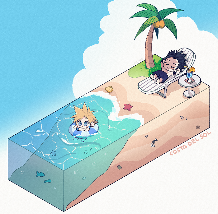 2boys arms_behind_head beach black_hair blonde_hair blue_eyes blue_sky chibi closed_eyes cloud cloud_strife cocktail cocktail_glass cup drink drinking_glass drinking_straw earrings final_fantasy final_fantasy_vii fish fish_bone floating innertube jewelry male_focus male_swimwear messy_hair multiple_boys ocean palm_leaf palm_tree sand scar scar_on_face seashell shell short_hair single_earring sky smile spiked_hair starfish swim_trunks swimming swimsuit topless_male tree ttnoooo zack_fair