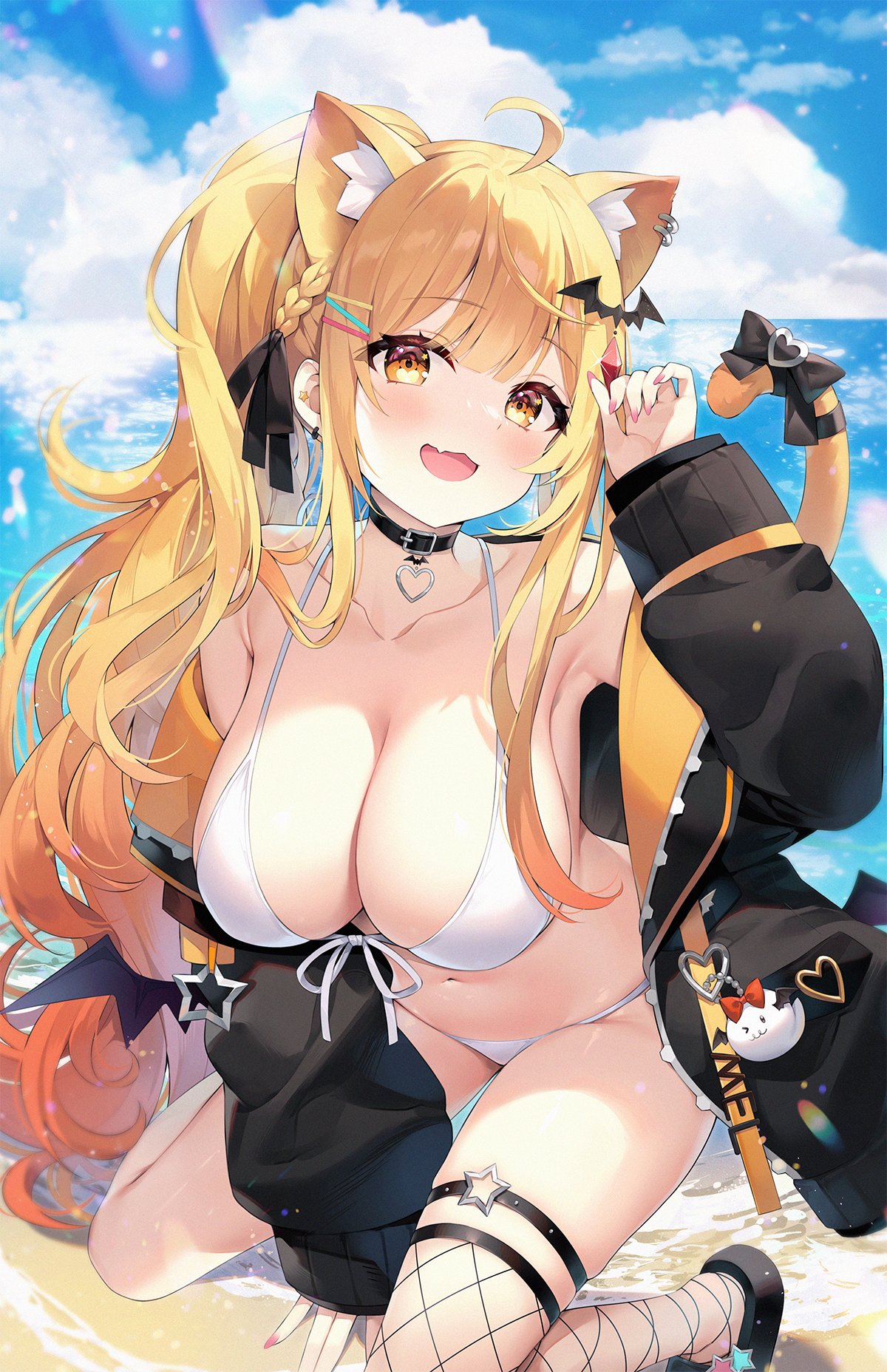 1girl ahoge alternate_costume animal_ears armpit_crease armpits ayamy bare_shoulders beach between_legs bikini black_choker black_jacket blonde_hair bow braid breasts cat_ears cat_girl cat_tail choker cleavage collarbone day extra_ears fang fishnet_thighhighs fishnets front-tie_bikini_top front-tie_top gradient_hair hair_ornament hair_ribbon hairclip halterneck hand_between_legs hand_up heart highres hololive jacket kemonomimi_mode kneeling large_breasts long_hair long_sleeves looking_at_viewer multicolored_hair nail_polish navel off_shoulder open_clothes open_jacket open_mouth orange_eyes outdoors ribbon sandals side_ponytail sidelocks single_thighhigh skindentation smile solo stomach string_bikini swimsuit tail tail_bow tail_ornament tail_raised thigh_strap thighhighs thighs twintails very_long_hair virtual_youtuber white_bikini yozora_mel