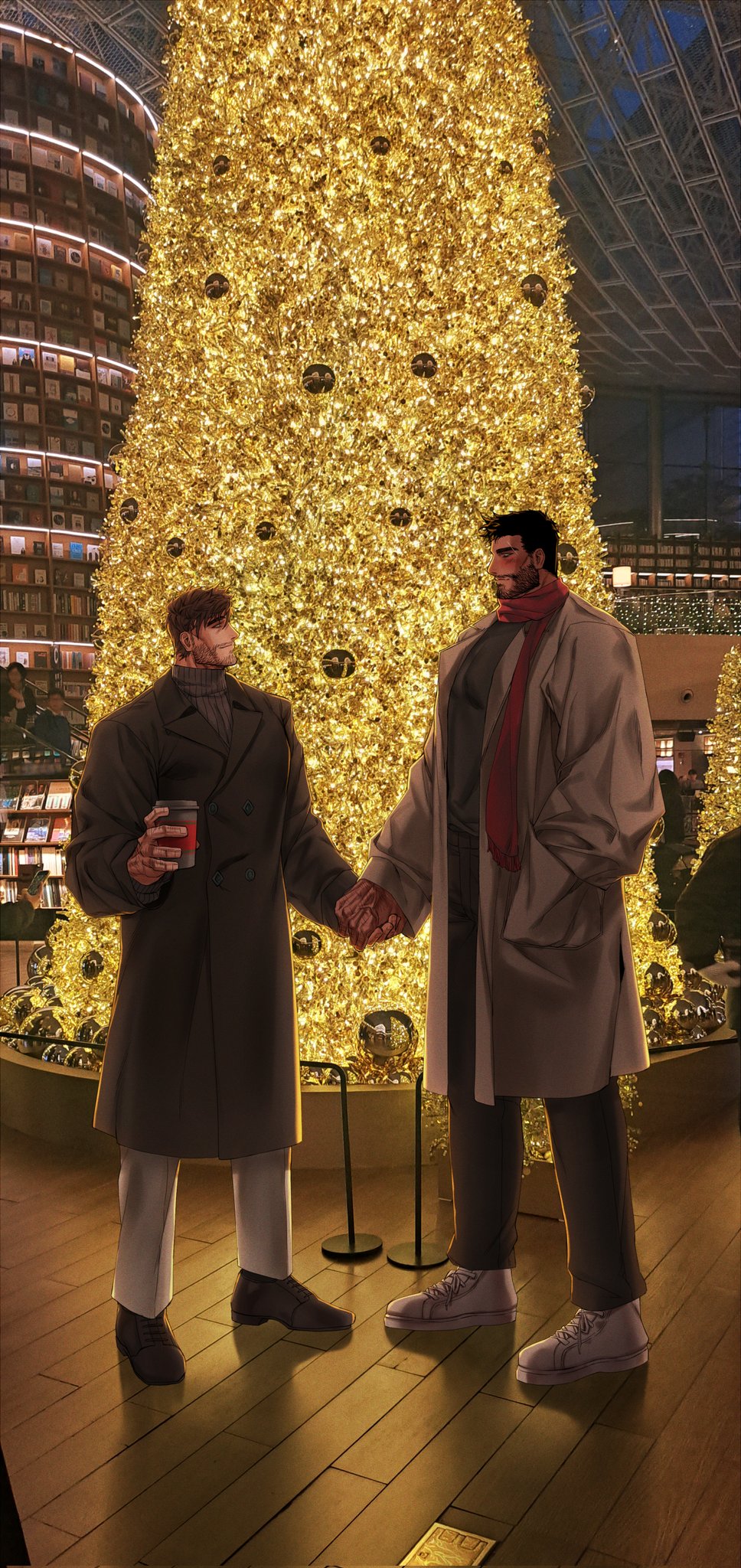 2boys bara beard_stubble blush christmas_tree couple cup dark-skinned_male dark_skin dating disposable_cup dobek_k eye_contact from_side full_beard full_body happy height_difference highres holding_hands large_pectorals looking_at_another male_focus mature_male multiple_boys muscular muscular_male original pectorals photo_background red_scarf scarf short_hair standing thick_eyebrows yaoi