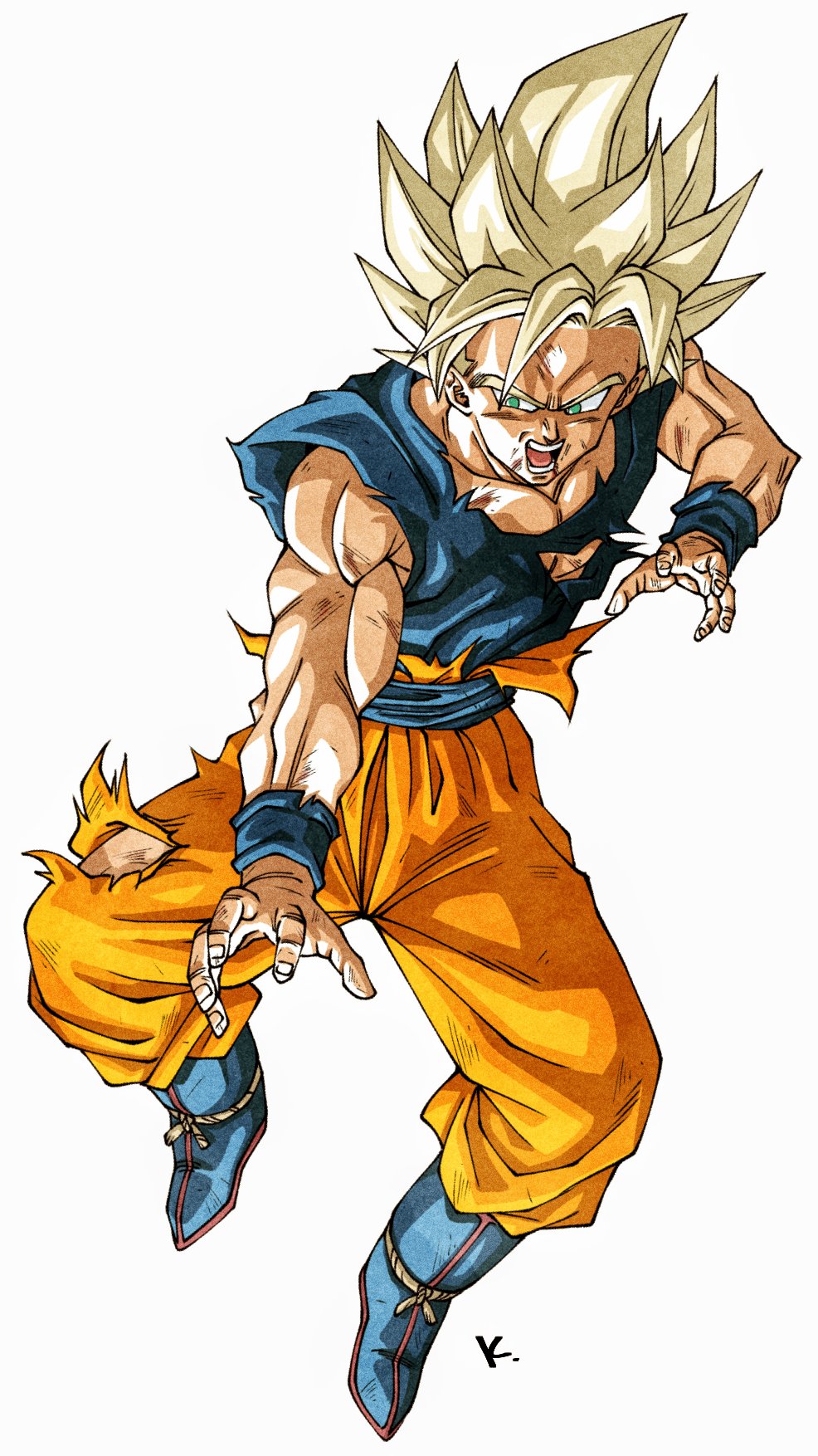 baggy_pants black_shirt blonde_hair dragon_ball full_body highres kakeru_(dbskakeru) muscular muscular_male open_mouth orange_pants pants shirt simple_background sleeveless son_goku spiked_hair super_saiyan teeth toriyama_akira_(style) torn_clothes white_background