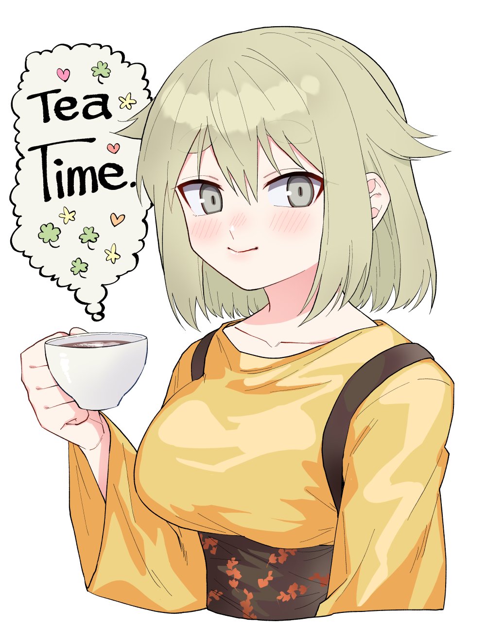 1girl alternate_hairstyle anarogumaaa blonde_hair blush closed_mouth collarbone cup dress english_text eyebrows_hidden_by_hair goou_yoshimitsu hair_flaps highres holding holding_cup light_smile looking_at_viewer short_hair teacup tenka_hyakken thought_bubble upper_body white_background yellow_dress yellow_eyes