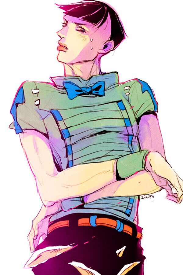 1boy anus_cutout balding black_hair blunt_bangs bow bowtie crossed_arms hatoyama_itsuru higashikata_joshu high_collar jojo_no_kimyou_na_bouken jojolion male_focus shirt solo sweat t-shirt wristband