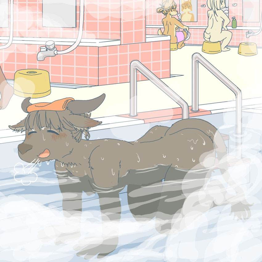 1:1 anthro bathing bovid bovine breasts butt canid canine canis caprine domestic_dog ekaki510 female goat group hot_spring kemono mammal nude towel towel_on_head true_buffalo water water_buffalo