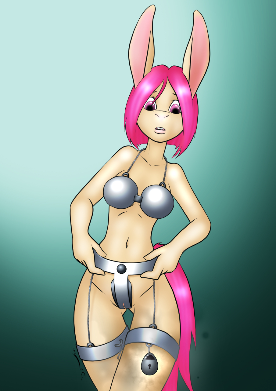 2023 anthro asinus biped breasts buckteeth chain chastity_belt chastity_bra chastity_device danaume donkey easter easter_egg egg equid equine eyebrows female front_view hair hi_res holidays looking_down mammal navel open_mouth pink_hair short_hair simple_background solo standing tan_body teeth