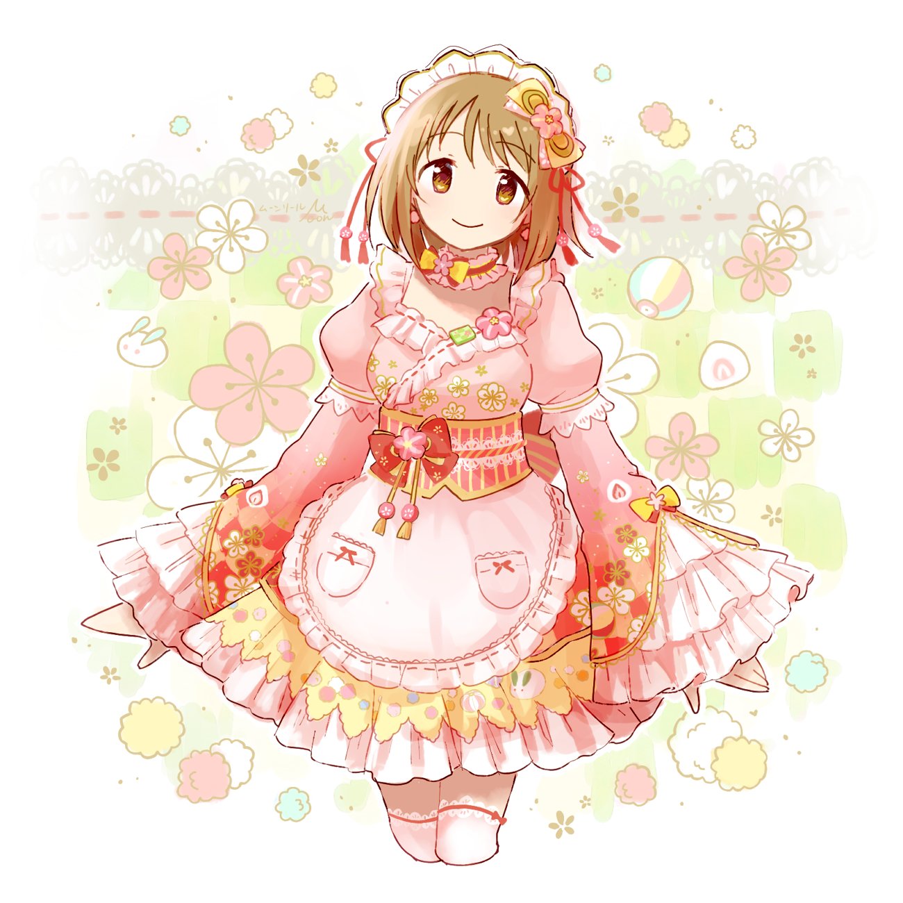 1girl apron blush bow breasts brown_eyes brown_hair candy checkered_background choker closed_mouth collar commentary cowboy_shot cropped_legs daifuku detached_collar dotted_line dress dress_bow earrings floral_background flower food food_print frilled_apron frilled_dress frills fruit hair_bow hair_flower hair_ornament hair_ribbon highres ichigo_daifuku idolmaster idolmaster_cinderella_girls idolmaster_cinderella_girls_starlight_stage jewelry konpeitou large_breasts long_sleeves looking_at_viewer mimura_kanako munriru no_nose open_hands paper_balloon pink_collar pink_dress pink_ribbon plum_blossom_print plump print_dress puffy_long_sleeves puffy_sleeves red_bow ribbon ribbon-trimmed_thighhighs ribbon_choker short_hair signature smile solo standing strawberry thighhighs wagashi white_apron white_headdress white_thighhighs wide_sleeves yellow_ribbon zettai_ryouiki
