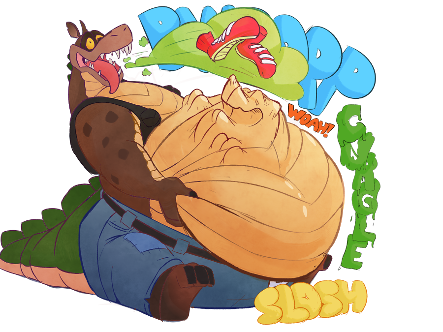 abdominal_bulge activision after_vore anthro bandicoot belly_overhang belt black_clothing black_topwear black_vest blue_text bottomwear brown_body brown_scales burp_cloud burping burping_up_clothing canid canine canis clawed_feet clothing crash_bandicoot crash_bandicoot_(series) crocodile crocodilian crocodylid denim denim_clothing dingo dingodile duo footwear green_text hand_on_stomach holding_belly hybrid imprint jeans male male/male mammal marsupial onomatopoeia oral_vore orange_text pants pants_only red_clothing red_footwear red_shoes reptile scales scalie sharkvore sharp_teeth shoes simple_background sitting sound_effects teeth text tongue tongue_out topwear vest vore white_background yellow_sclera yellow_text