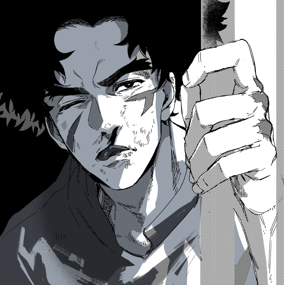 1boy black_hair bleeding blood bruise egg_(cknlun) greyscale injury joe_(megalo_box) male_focus megalo_box monochrome one_eye_closed scar scar_on_cheek scar_on_face solo thick_eyebrows upper_body