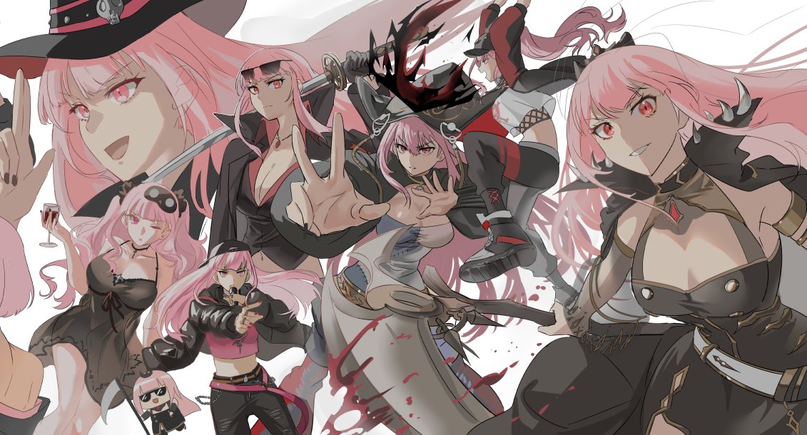 1girl armpits backwards_hat black_dress black_nails black_nightgown breasts cowboy_hat dress eyewear_on_head finger_gun fishnet_top fishnets hat holding holding_microphone holding_scythe holding_sword holding_weapon hololive hololive_english hood hood_up jacket large_breasts microphone mori_calliope mori_calliope_(1st_costume) mori_calliope_(2nd_costume) mori_calliope_(3rd_costume) mori_calliope_(6th_costume) mori_calliope_(jigoku_6) mori_calliope_(new_underworld_order) mori_calliope_(new_year) mori_calliope_(sheriff) multicolored_clothes multicolored_jacket multiple_persona nightgown official_alternate_costume official_alternate_hairstyle open_mouth over_shoulder pants pink_hair q_(hololive) red_eyes scythe set7 smol_calli sunglasses sword track_pants two-tone_jacket virtual_youtuber w weapon weapon_over_shoulder