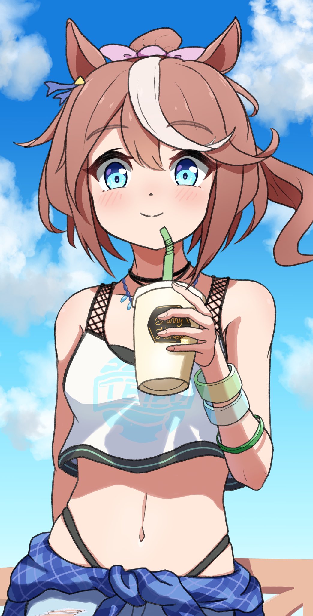 1girl animal_ears bamboo_memory_(ultra_marine)_(umamusume) bamboo_memory_(umamusume) bamboo_memory_(umamusume)_(cosplay) bare_shoulders bikini bikini_under_clothes blue_eyes blush breasts brown_hair closed_mouth clothes_around_waist cloud cosplay crop_top cup day disposable_cup drinking_straw highres holding holding_cup horse_ears jewelry long_hair looking_at_viewer midriff multicolored_hair mutou_coffee navel necklace outdoors ponytail shirt shorts small_breasts smile solo streaked_hair swimsuit tank_top tokai_teio_(umamusume) umamusume white_shirt wristband
