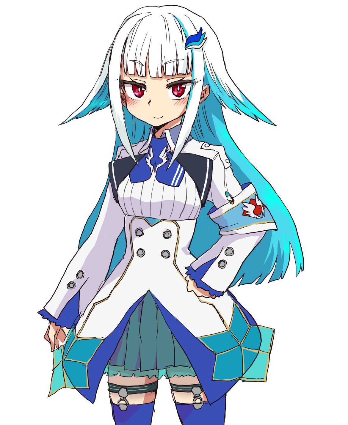 1girl armband blue_hair blue_skirt blue_thighhighs closed_mouth commentary_request hair_flaps hair_ornament hand_on_own_hip highres jacket lize_helesta lize_helesta_(1st_costume) long_hair long_sleeves looking_at_viewer multicolored_hair nijisanji pleated_skirt red_eyes safety_pin shirt simple_background skirt sleeves_past_wrists smile solo suzurino thighhighs two-tone_hair very_long_hair virtual_youtuber white_background white_hair white_jacket white_shirt