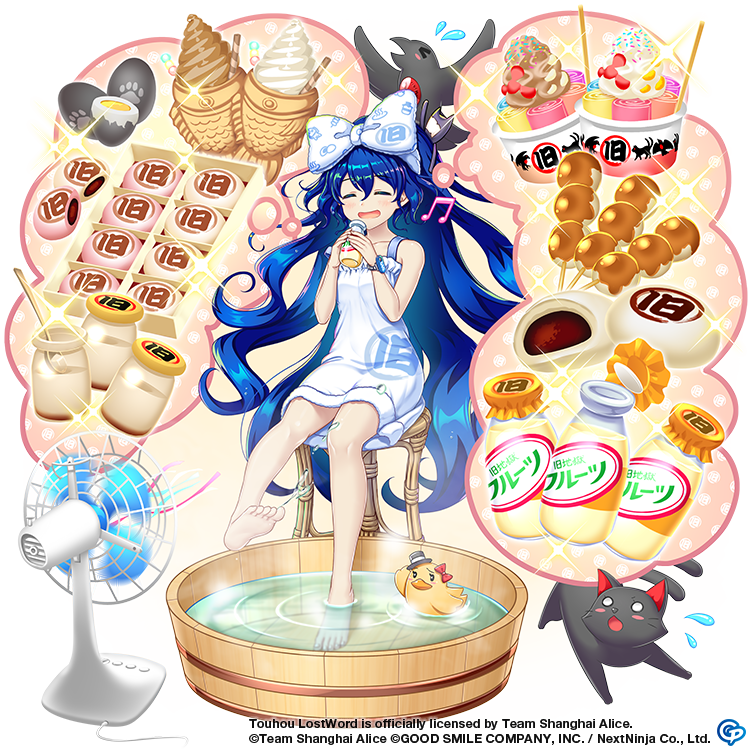 1girl alternate_costume bird black_cat blue_hair bottle bow bucket cat closed_eyes commentary copyright_name dango dress english_commentary food food_print full_body game_cg hair_bow ice_cream kaenbyou_rin kaenbyou_rin_(cat) long_hair looking_at_viewer milk_bottle musical_note open_mouth reiuji_utsuho reiuji_utsuho_(bird) rotte_(1109) rubber_duck third-party_source thought_bubble touhou touhou_lost_word very_long_hair wading wagashi white_bow white_dress wooden_bucket yogurt yorigami_jo'on yorigami_shion yorigami_shion_(i_wanna_live_here!)