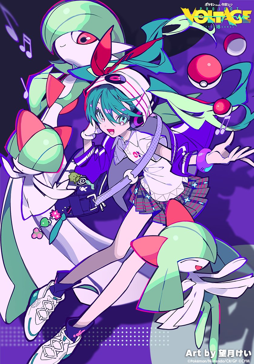 1girl aqua_eyes aqua_hair bag beanie black_socks blue_jacket collared_shirt gardevoir gloves hat hatsune_miku highres jacket kirlia long_hair looking_at_viewer mochizuki_kei official_art open_clothes open_jacket open_mouth pleated_skirt poke_ball pokemon pokemon_(creature) project_voltage psychic_miku_(project_voltage) ralts shirt shoulder_bag single_glove skirt socks twintails very_long_hair vocaloid white_footwear white_gloves white_headwear white_shirt