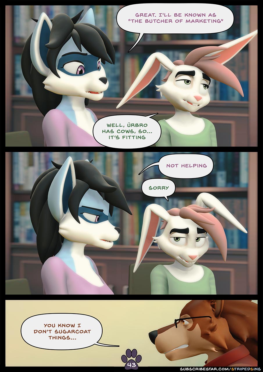 3d_(artwork) anthro black_hair blue_body blue_fur brown_body brown_fur buckteeth canid canine canis chair clothing comic comic_panel computer_keyboard computer_mouse desk dialogue digital_media_(artwork) dransvitry english_text female fur furniture gesture green_eyes hair hi_res lagomorph leporid male mammal meeting monitor necktie office office_chair oliver_(striped_sins) pink_hair post-it_note procyonid purple_eyes rabbit raccoon ryder_(striped_sins) shirt speech_bubble striped_sins t-shirt table teeth text topwear url white_body white_fur willitfit wolf yellow_eyes