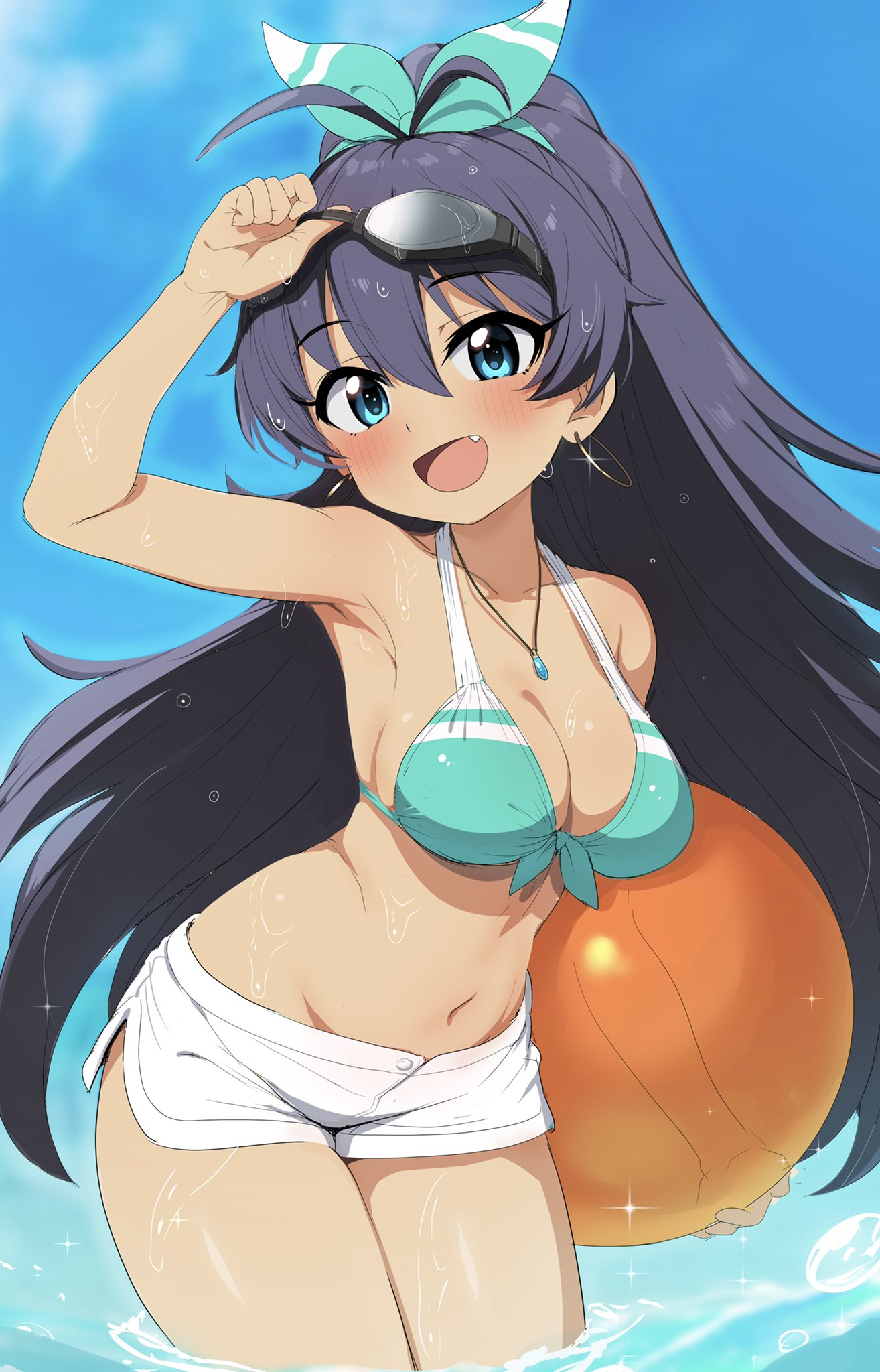 1girl arm_up armpits ball beachball bikini bikini_top_only blue_eyes blue_hair blush bow breasts earrings fang front-tie_bikini_top front-tie_top ganaha_hibiki goggles goggles_on_head green_bikini green_bow hair_between_eyes hair_bow hair_ribbon highres holding hoop_earrings idolmaster jewelry large_breasts long_hair looking_at_viewer necklace open_mouth partially_submerged ponytail ransusan ribbon short_shorts shorts sky solo standing swimsuit tan very_long_hair wet white_shorts