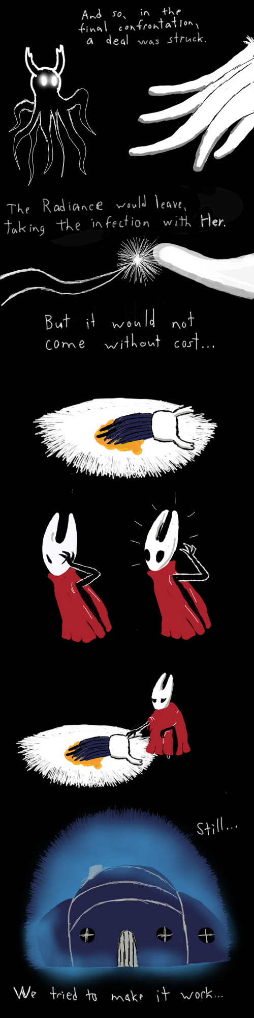 ambiguous_gender anthro arthropod black_body bodily_fluids clothed clothing comic digital_media_(artwork) duo english_text female genital_fluids hi_res hollow_knight hornet_(hollow_knight) insect long_image lying on_front soiledvessels solo tall_image team_cherry text the_knight_(hollow_knight) unconscious urine urine_pool vessel_(species) waking_up