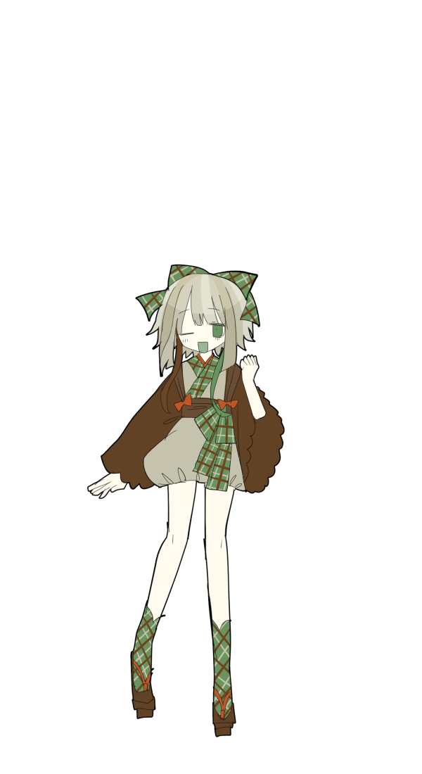 1girl brown_jacket brown_romper europa_(usagi_nui) full_body green_eyes green_ribbon green_socks hair_ribbon hand_up jacket japanese_clothes light_brown_hair long_sleeves one_eye_closed open_clothes open_jacket open_mouth original personification plaid plaid_ribbon ribbon romper short_hair simple_background smile socks solo transparent_background usagi_nui
