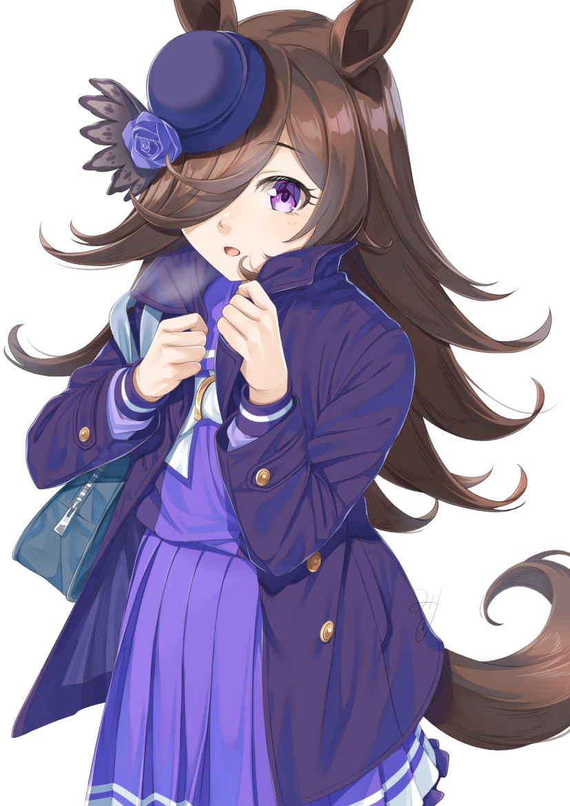 1girl animal_ears bag black_headwear black_jacket blue_flower blue_rose breath brown_hair commentary_request flower frilled_skirt frills hair_over_one_eye hat hat_flower horse_ears horse_girl horse_tail jacket long_hair looking_at_viewer miri_(ago550421) open_clothes open_jacket open_mouth pleated_skirt purple_eyes purple_shirt purple_skirt rice_shower_(umamusume) rose school_bag school_uniform shirt simple_background skirt solo tail tilted_headwear tracen_school_uniform umamusume very_long_hair white_background