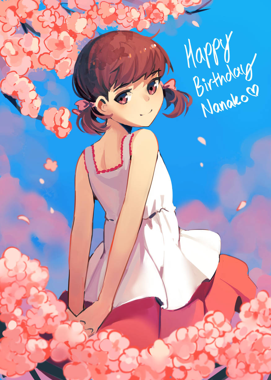 arms_behind_back blue_background bow breasts brown_eyes brown_hair character_name cherry_blossoms closed_mouth commentary doujima_nanako english_commentary english_text falling_petals hair_bow happy_birthday head_tilt heart highres kuki_tan large_breasts looking_at_viewer looking_back low_twintails own_hands_together persona persona_4 petals pink_bow red_skirt shirt short_hair short_twintails skirt sleeveless sleeveless_shirt smile swept_bangs twintails white_shirt