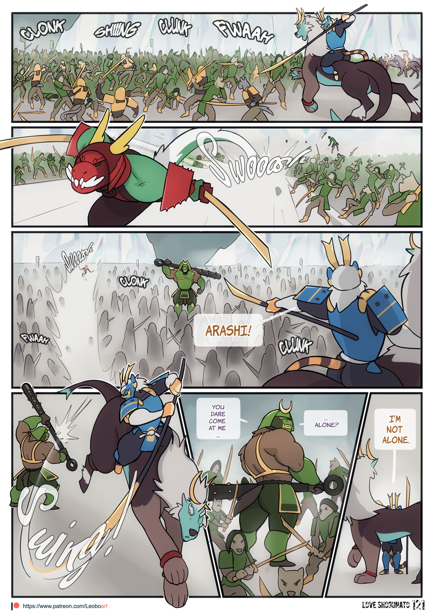 2_horns anthro arashi_(leobo) armor army asian_mythology battle blue_armor bottomwear brown_body brown_fur canid canine chinese_mythology clothing club_(weapon) color_coded_text comic dialogue dragon east_asian_mythology eastern_dragon english_text felid feral fight fighting_pose fur giant_weapon green_armor green_body group halberd headgear helmet hi_res holding_object holding_sword holding_weapon horn kirin kotaro_(leobo) large_group leobo male mammal markings mask melee_weapon mythology onomatopoeia page_number pantherine pants patreon patreon_logo polearm pose raccoon_dog red_armor riding ryouta_(leobo) shoulder_pads size_difference sound_effects speech_bubble striped_markings striped_tail stripes swinging_weapon sword tail tail_markings tanuki text tiger url war weapon yellow_horn