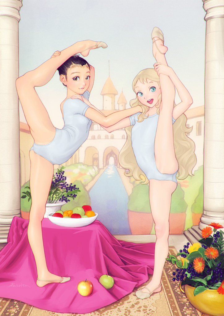 2girls apple arm_up aurore_(takatou_sora) ballet_slippers black_eyes black_hair blonde_hair blue_eyes borrowed_character bowl closed_mouth commentary_request contortion crotch_seam female_child flexible flower food fruit fumichika_mori hair_pulled_back hand_on_another's_shoulder indoors kotani_kana leaning_forward leg_hold leg_up leotard long_hair multiple_girls open_mouth original partial_commentary short_hair short_sleeves smile split standing standing_on_one_leg standing_split wavy_hair white_leotard