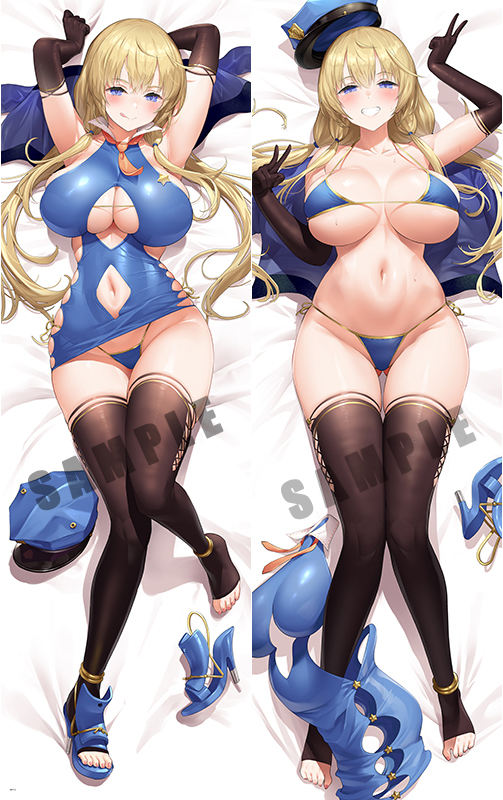 1girl :q bare_shoulders bikini black_gloves black_thighhighs blonde_hair blue_bikini blue_eyes blue_footwear blue_headwear blush bodycon breasts cleavage closed_mouth collarbone commentary_request dakimakura_(medium) elbow_gloves full_body gloves grin high_heels large_breasts long_hair looking_at_viewer lying navel on_back original smile stomach swimsuit thighhighs thighs tongue tongue_out underboob uo_denim v watermark