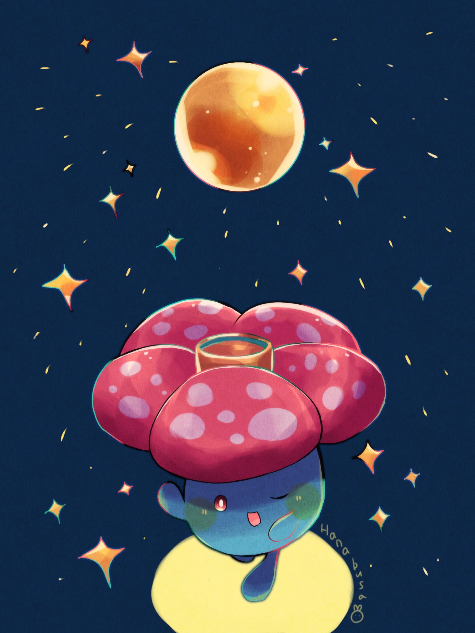 :d animal_focus artist_name blue_skin colored_skin commentary_request hanabusaoekaki highres moon night night_sky no_humans one_eye_closed pokemon pokemon_(creature) red_eyes sky smile star_(sky) star_(symbol) vileplume